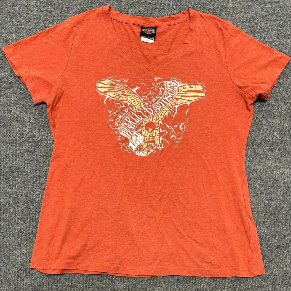 Harley-Davidson T-Shirt Womens Size XL Orange Graphic V-Neck Short Sleeve Biker